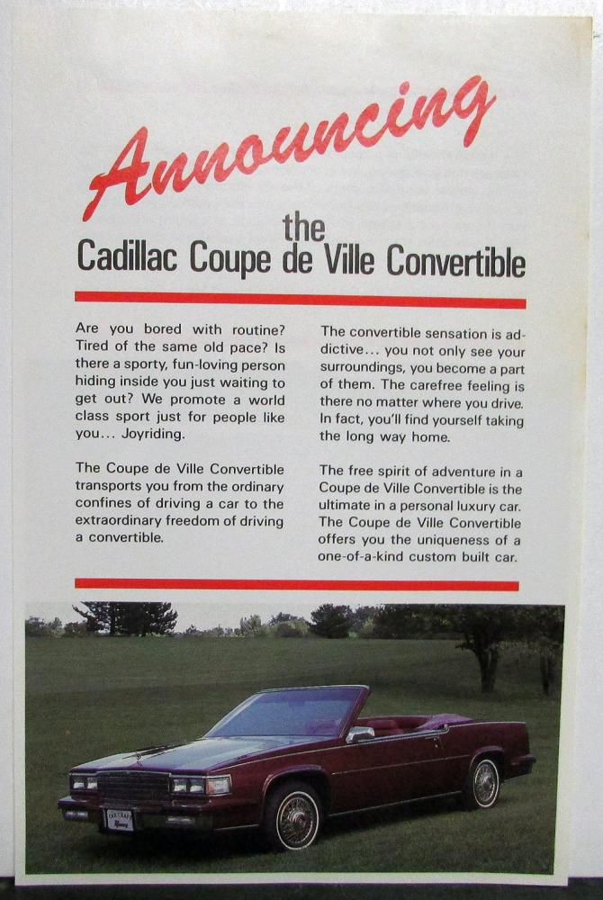 1986 Cadillac Coupe de Ville Convertible Sales Sheet