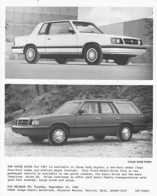 1987 Dodge Aries 2-Door Sedan and Wagon Press Photo 0313