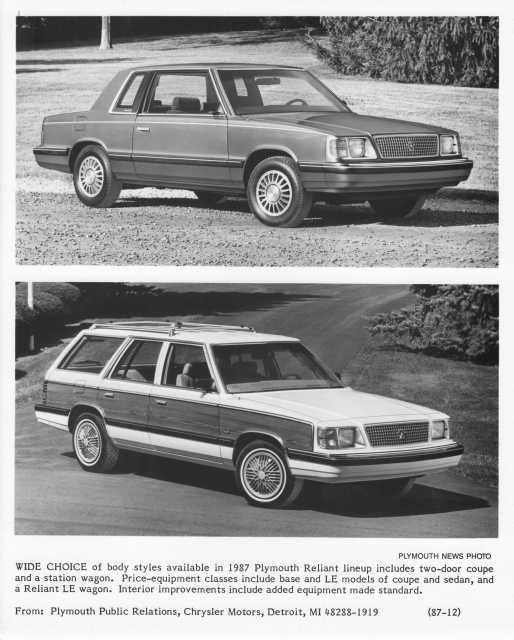 1987 Plymouth Reliant K Car 2-Door Coupe and Station Wagon Press Photo 0140
