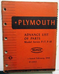 1949 Plymouth Dealer P17 & P18 Models Advance Parts List Book D-12553 Original