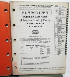 1949 Plymouth Dealer P17 & P18 Models Advance Parts List Book D-12553 Original