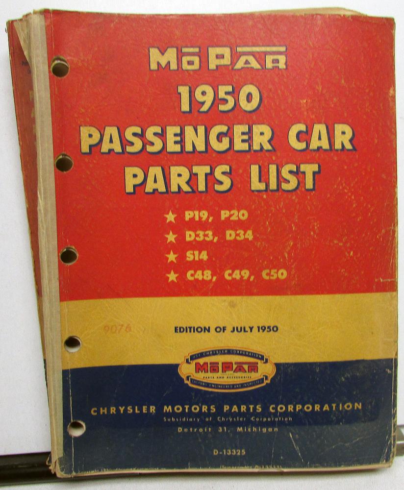 1950 Mopar Dealer Passenger Car Parts List Book Chrysler Dodge Plymouth