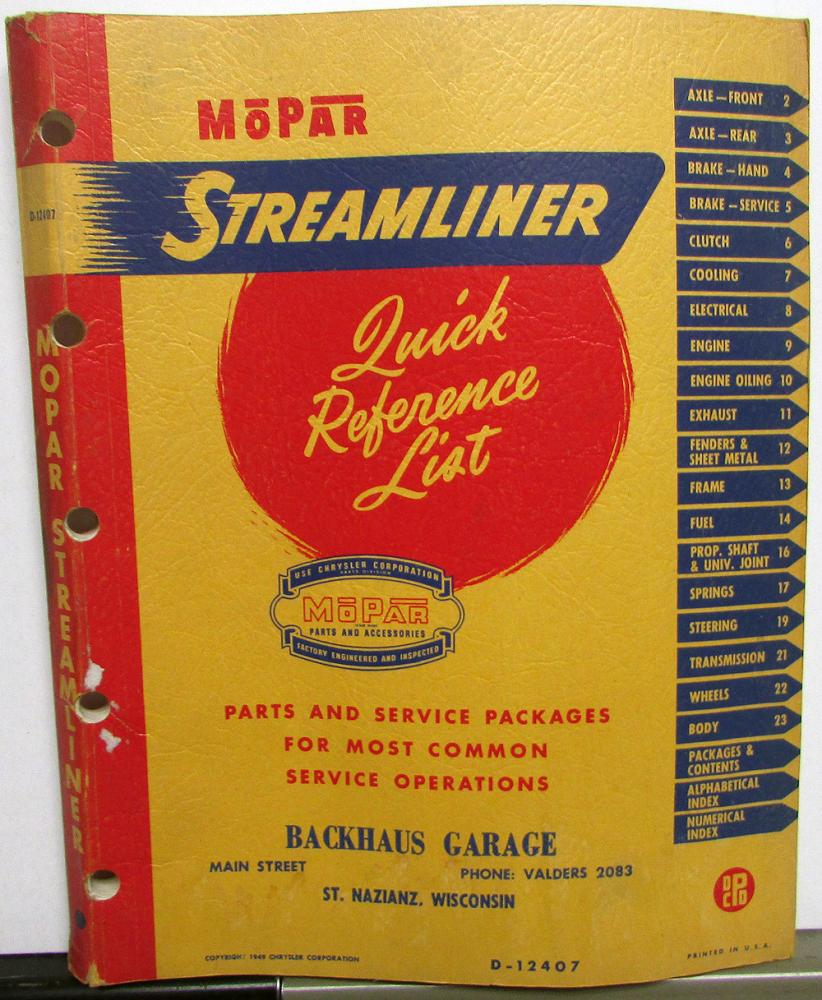 1936-1948 Mopar Streamliner Quick Reference Parts List Chrysler Plymouth Dodge