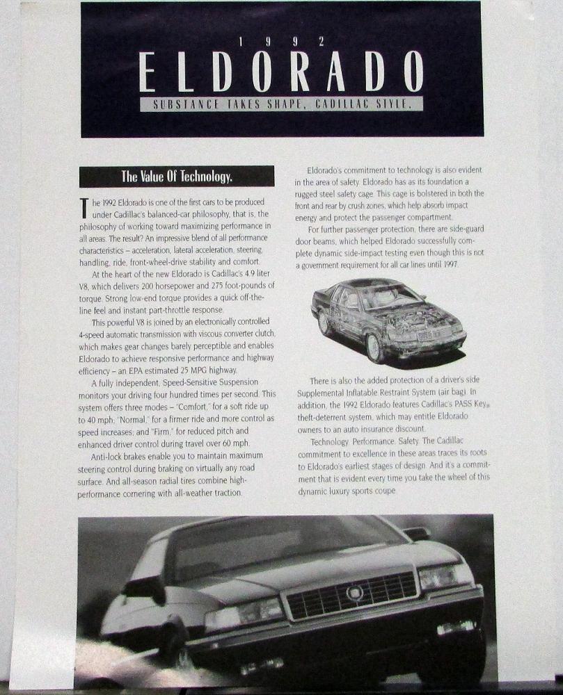 1992 Cadillac Eldorado Value of Technology Sales Sheet Original
