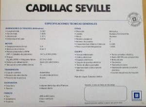 1992 Cadillac Seville Data Sheet for Mexican Market with Spanish Text Original