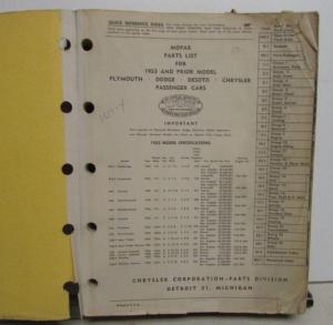 1937 thru 1953 Mopar Dealer Car Parts List Book Chrysler Dodge Plymouth DeSoto