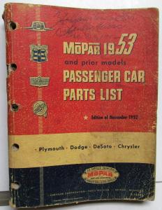 1937 thru 1953 Mopar Dealer Car Parts List Book Chrysler Dodge Plymouth DeSoto