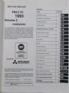 1993 Mitsubishi Precis Service Shop Repair Manual - 2 Volume Set