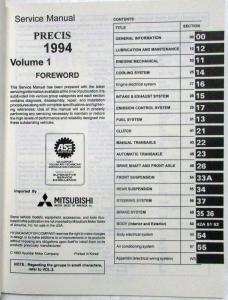 1994 Mitsubishi Precis Service Shop Repair Manual - 2 Volume Set