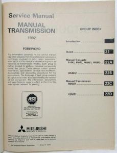 1992 Mitsubishi Manual Transmission Service Shop Repair Manual