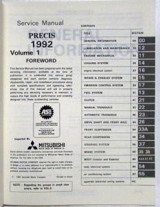 1992 Mitsubishi Precis Service Shop Repair Manual - 2 Volume Set