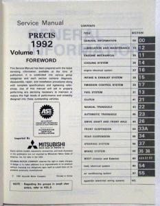 1992 Mitsubishi Precis Service Shop Repair Manual - 2 Volume Set