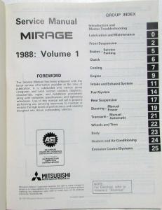 1988 Mitsubishi Mirage Service Shop Repair Manual - 2 Volume Set