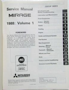 1988 Mitsubishi Mirage Service Shop Repair Manual - 2 Volume Set