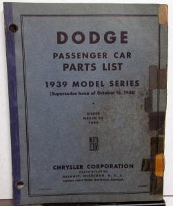 1939 Dodge Passenger Car Dealer Parts List Book Catalog Model D11 Original