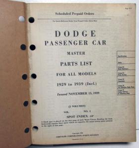 1929 To 1939 Dodge Passenger Car Dealer Master Parts List Book Vol 2 Body Orig