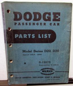 1949 Dodge Passenger Car Dealer Parts List Book Models D29 D30 Original D-12675