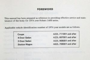 1974 Subaru 1400 USA Model Service Shop Repair Manual - Body Section