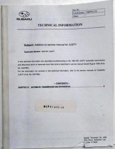 1990 Subaru Justy Technical Information Bulletin - Auto Trans and Diff