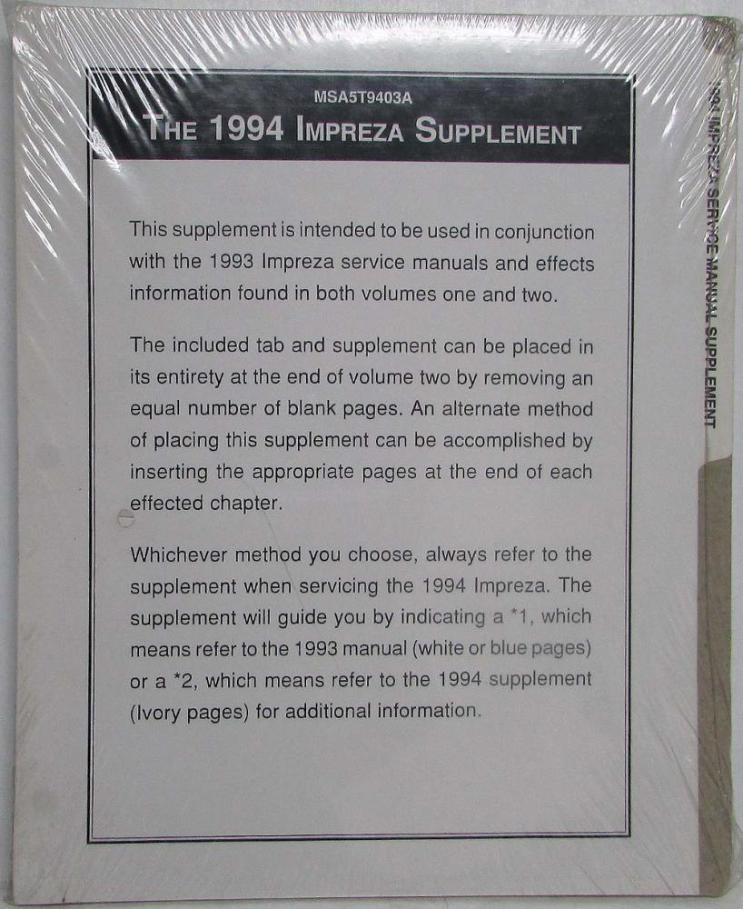 1994 Subaru Impreza Service Shop Repair Manual Supplement