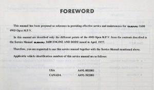 1977 Subaru 1600 Service Shop Repair Manual for 4WD Open MPV