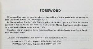 1980 Subaru 1600 Service Shop Repair Manual Supplement for 4WD Open MPV