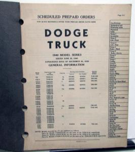 1940 Dodge Truck Dealer Parts List Book Catalog V Series 1/2 thru 2 Ton Orig