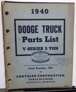 1940 Dodge Truck Dealer Parts List Book Catalog V Series 3 Ton Models Orig