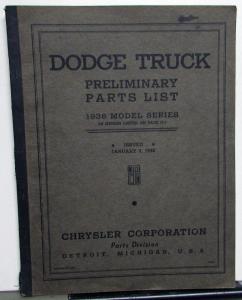 1936 Dodge Trucks Dealer Parts List Book Catalog L Series 1/2 thru 1 1/2 Ton