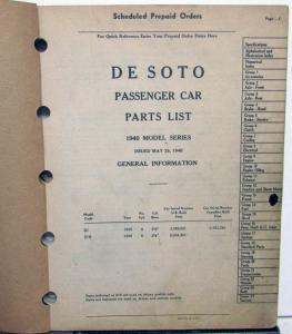 1940 DeSoto Passenger Car Parts List Book Catalog S7 & S7S Models Original