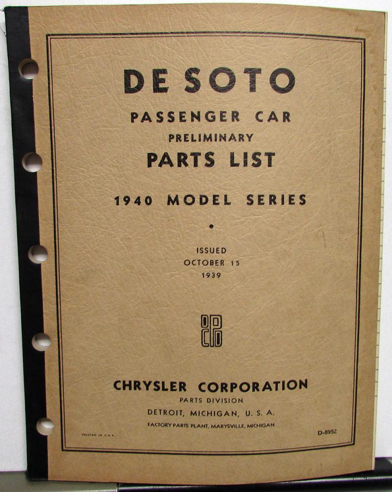 1940 DeSoto Passenger Car Preliminary Parts List Book Catalog S7 & S7S