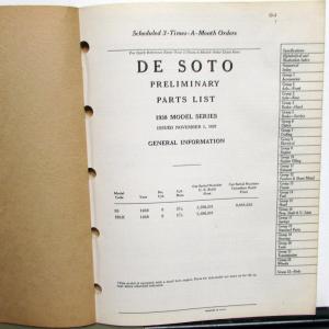 1938 DeSoto Passenger Car Preliminary Parts List Book Catalog S5 Models Original