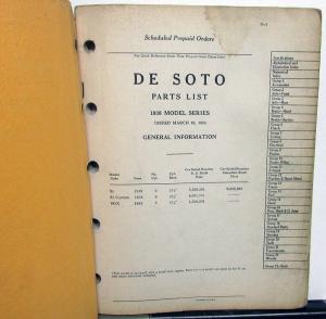 1938 DeSoto Passenger Car Parts List Book Catalog S5 Models Original