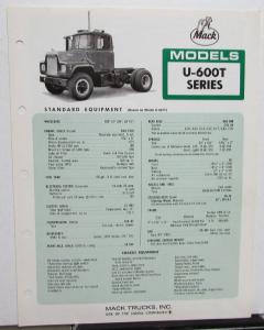 1970 Mack U-600T Series Truck Dealer Sales Data Sheet Folder Original