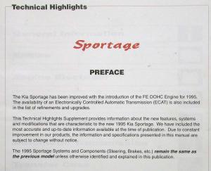 1995 Kia Sportage Technical Highlights Supplement