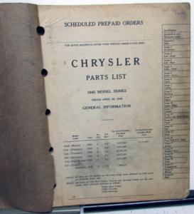 1940 Chrysler Dealer Parts List Book C25 C26 C27 Royal Windsor Imperial Orig
