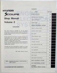 1992 Hyundai Scoupe Service Shop Repair Manual - 2 Volume Set