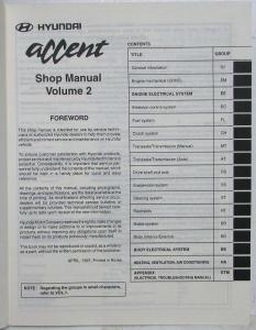 1998 Hyundai Accent Service Shop Repair Manual - 2 Volume Set