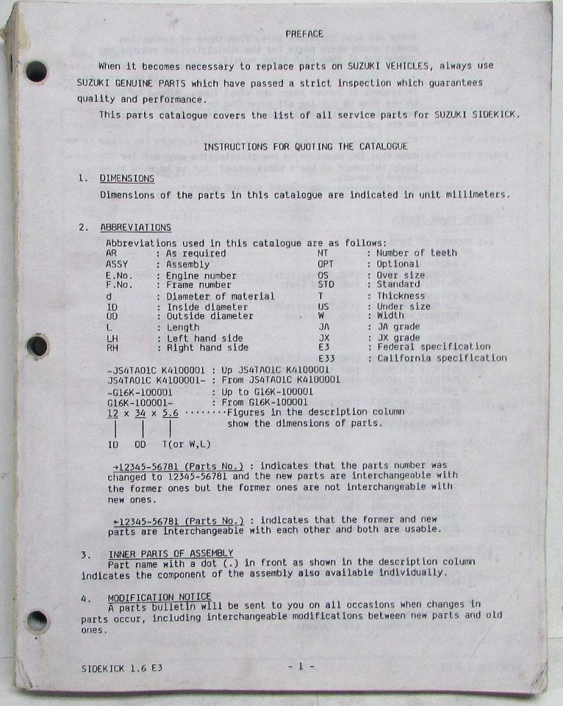 1996 Suzuki Sidekick Parts Book Catalog April Model Year 1989 1990 1991