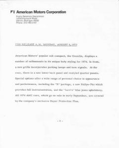 1974 AMC Gremlin X with Levis Upholstery Press Photo and Release 0055