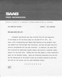 1974 Saab 99 Orthopedic Seat Press Photo and Release 0069