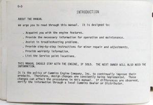 1985 Cummins Owners Operation and Maintenance Manual - B Series Diesel Engines