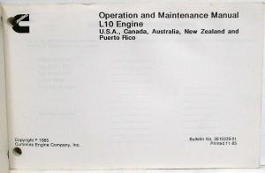 1986 Cummins Owners Operation and Maintenance Manual - L10 Engine