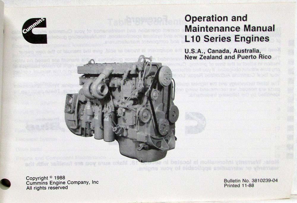 1989 Cummins Owners Operation and Maintenance Manual - L10 Series Engines