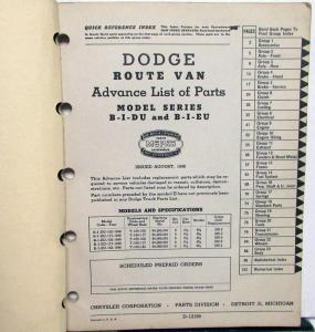 1948 Dodge Route Van Dealer Advance Parts List Book B1DU B1EU Original