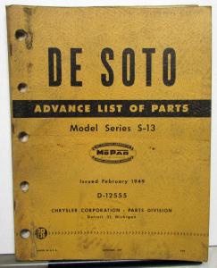 1949 DeSoto Dealer Advance Parts List Book Series S13 DeLuxe Custom Original