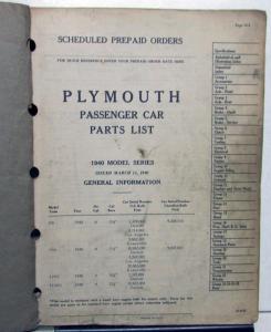 1940 Plymouth Dealer Passenger Car Parts List Book Catalog P9 P10 Models Orig