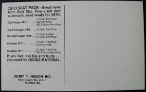 NOS Mopar 1970 Dodge Scat Pack Postcard featuring Challenger With Shaker Hood