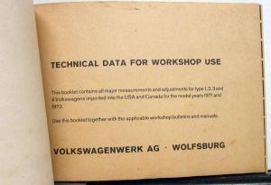 1971 1972 VW Volkswagens Technical Data Mechanic Use Spec Book USA Canada