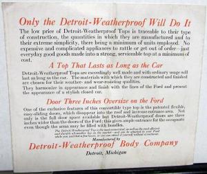 1923 Detroit Weatherproof Detachable Top Sales Folder Brochure Ford Model T Cars